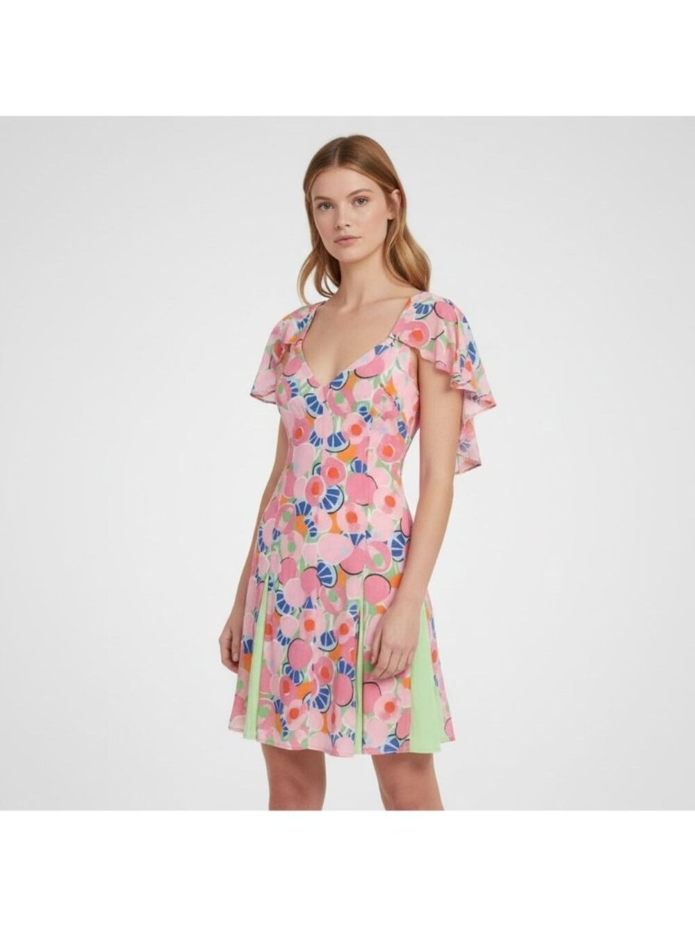 NWT Staud Chiquita Dress 0 Flutter Peach Multi Pleated Floral Tropical Resort